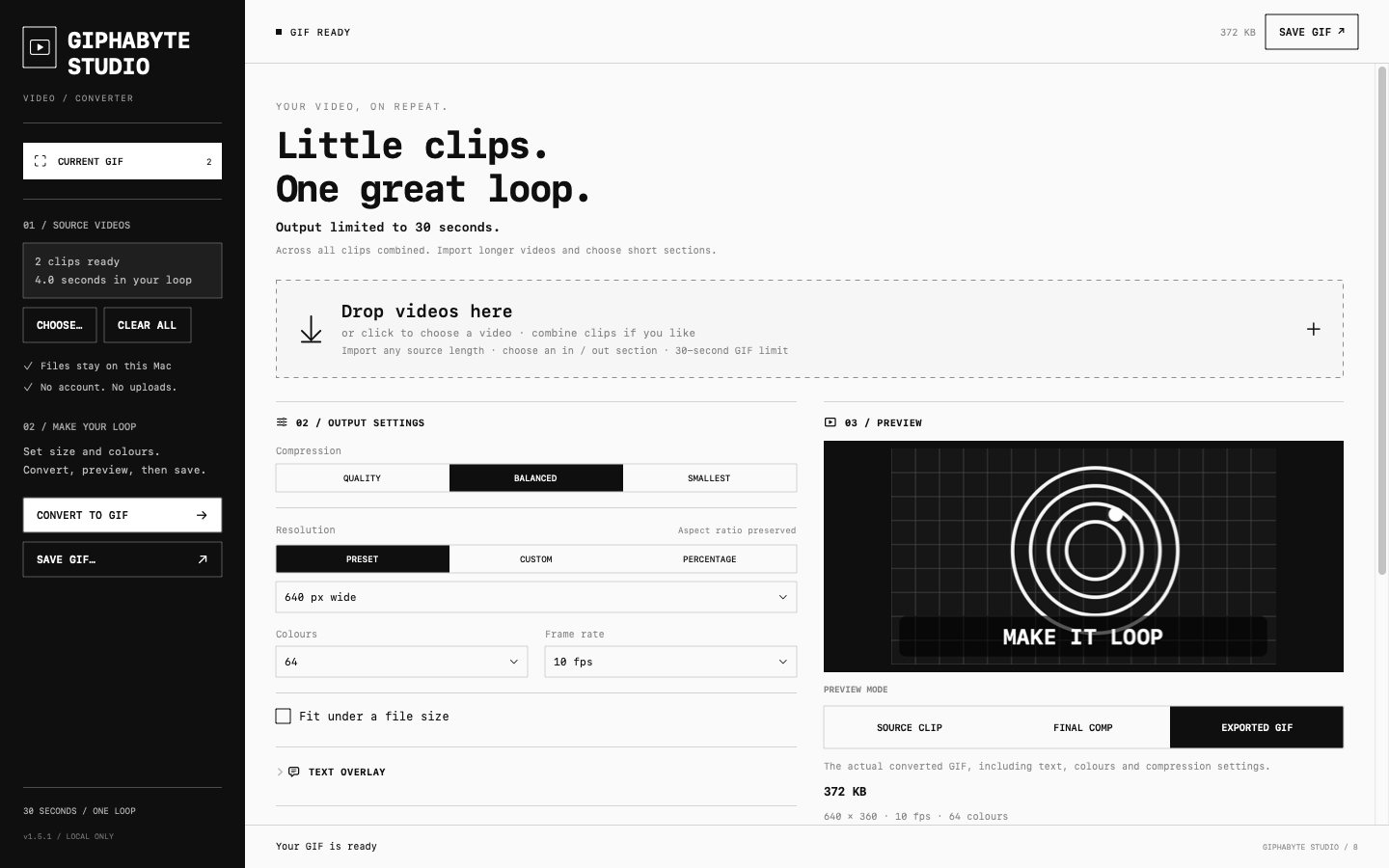 Giphabyte Studio showing a finished GIF alongside resolution, frame rate and colour controls
