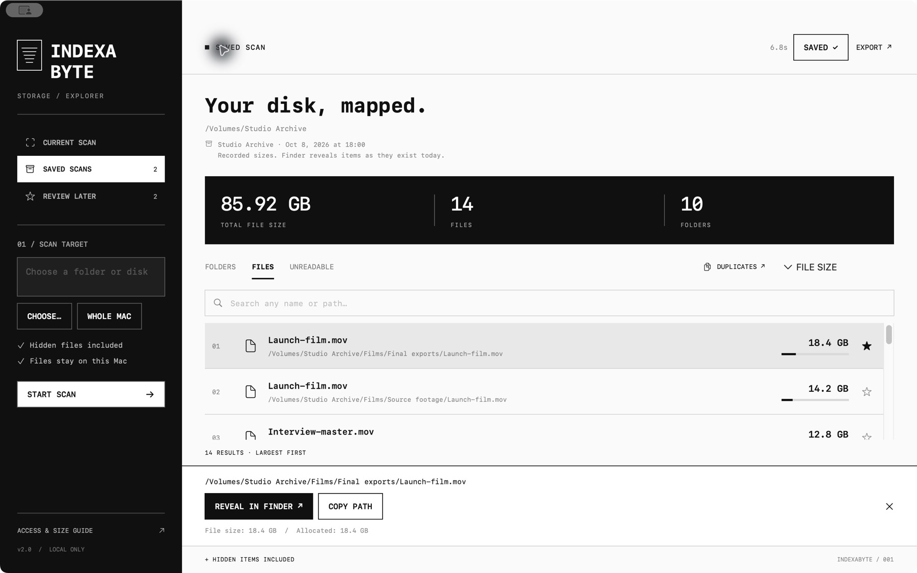Indexabyte file list with details for a selected file