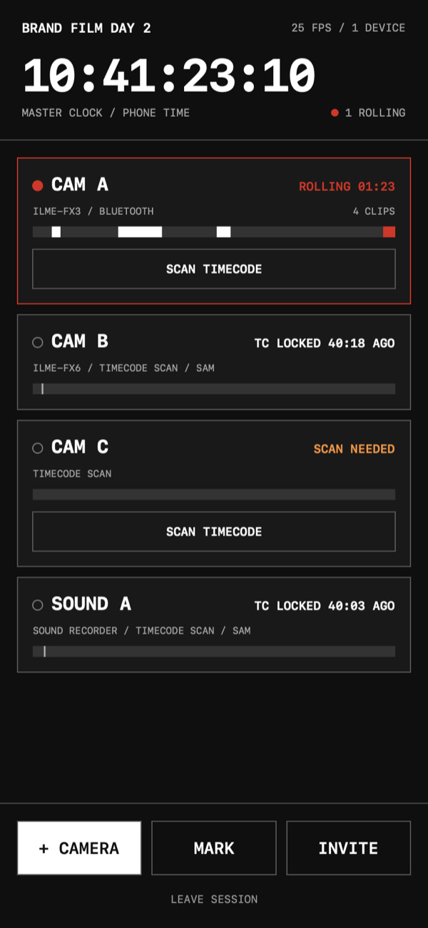 Syncabyte session screen with the master clock and four devices, one camera rolling