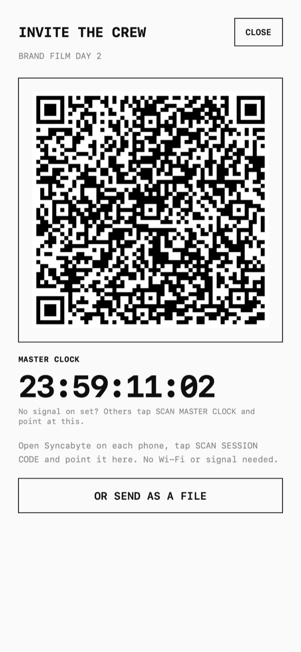 Syncabyte invite screen with a session code and the master clock